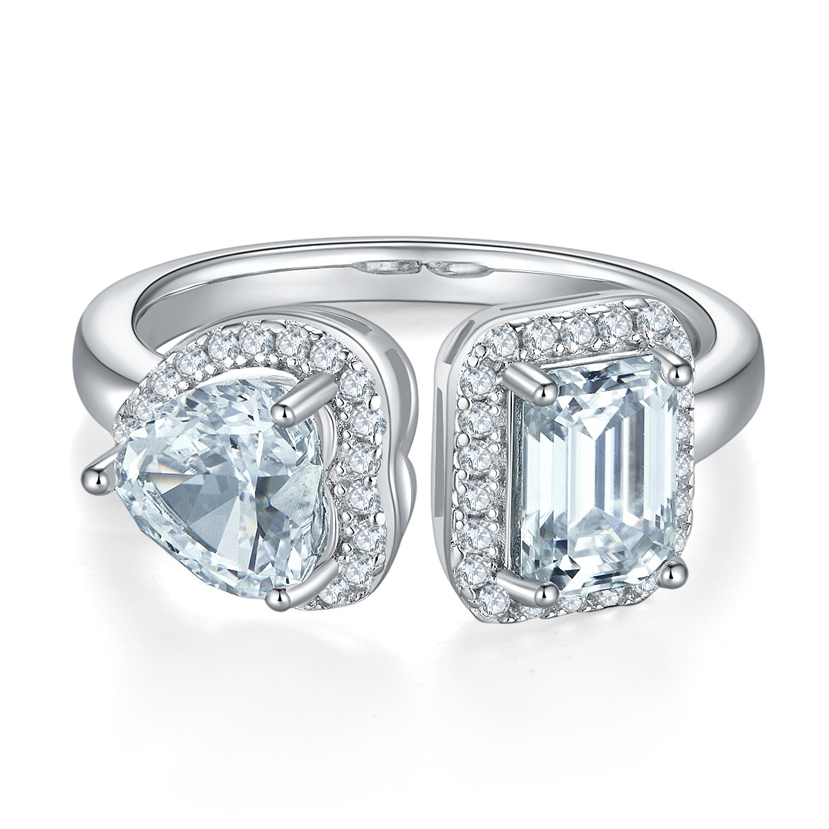 Heart Ice Flower Cut AND Rectangular Moissanite 925 Silver Plated Platinum Women's Ring 1 Carat D-Class